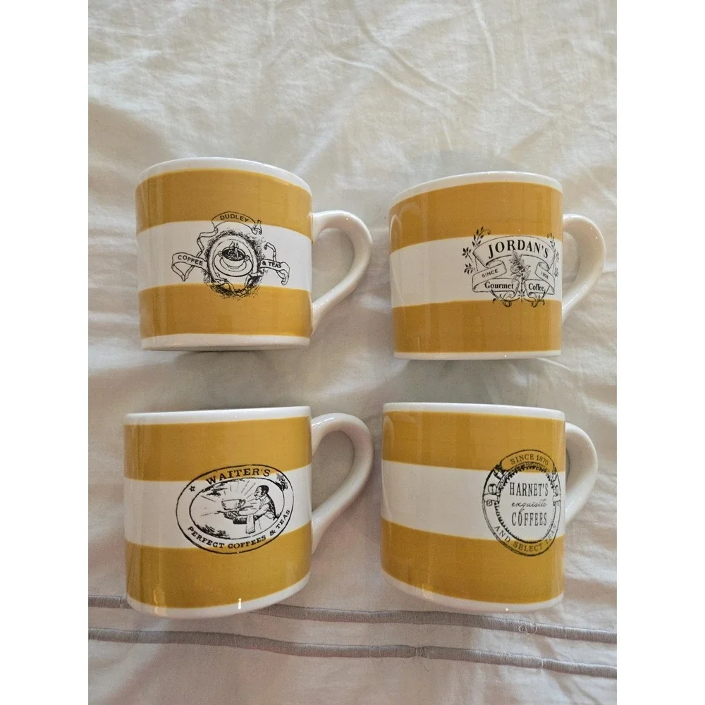 4 Williams Sonoma Mugs Dijon Stripe Gold White Coffee Shop Black Labels